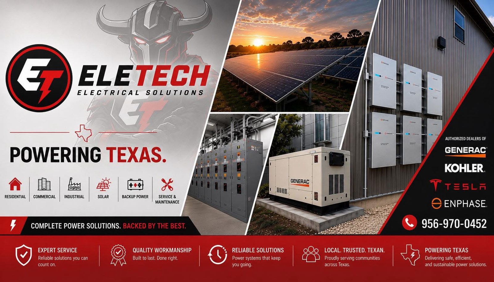 Eletech Electrical Solutions — Powering Texas. Authorized dealers of Generac, Kohler, Tesla and Enphase. Residential, Commercial, Industrial, Solar, Backup Power, Service & Maintenance.